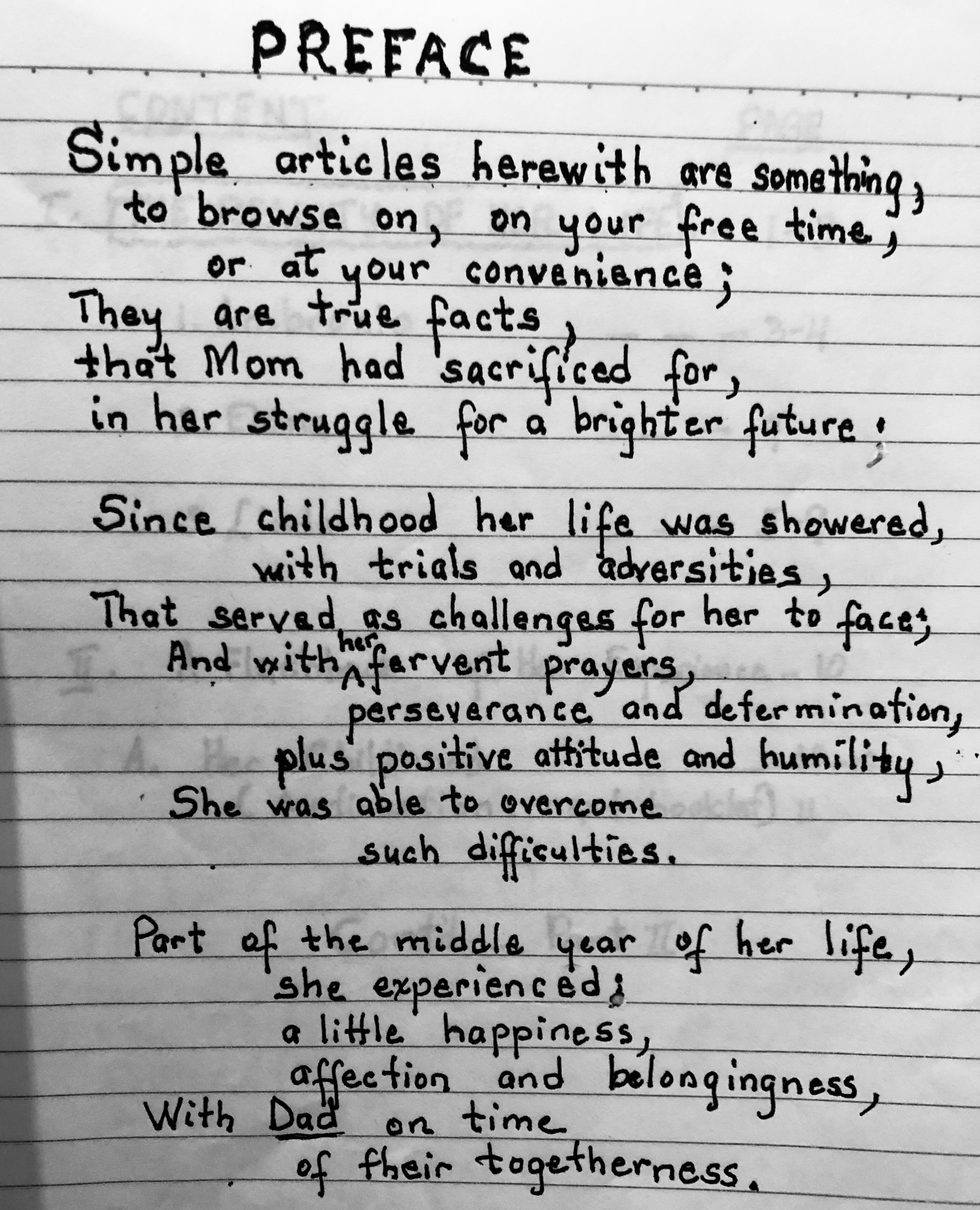 Excerpt from my grandmother's memoir, including a summary of her life's challenges and triumphs.